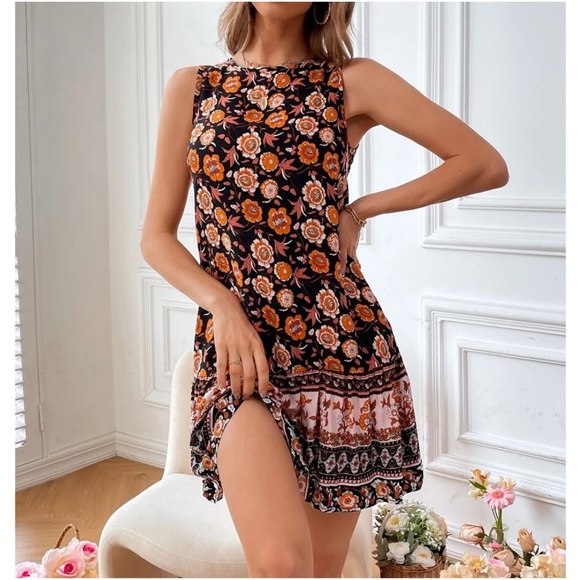 #17 Boho Floral Print Sleeveless Mini Dress - Picture 2 of 4